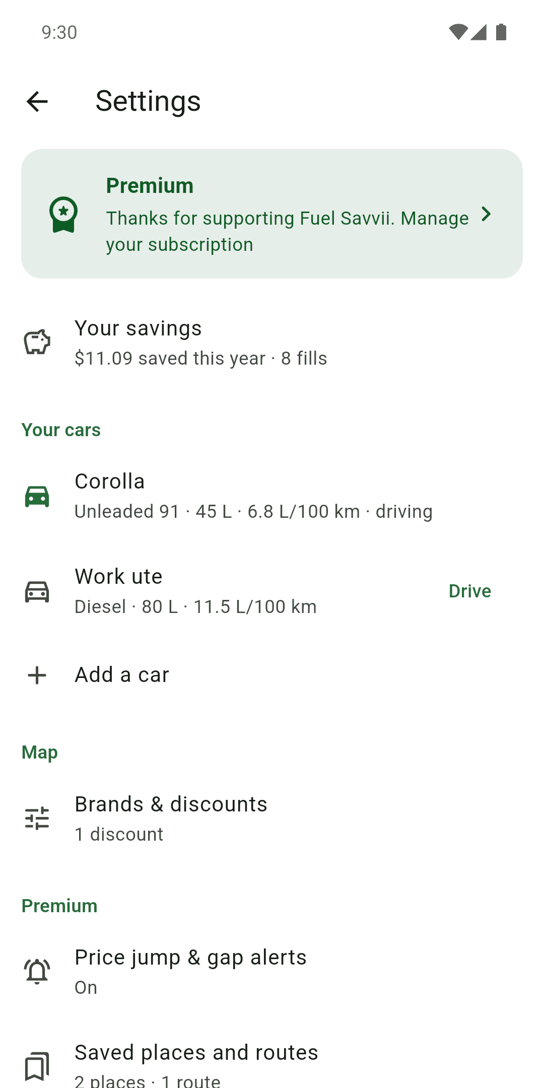 Fuel Savvii: Your cars and settings, in one place